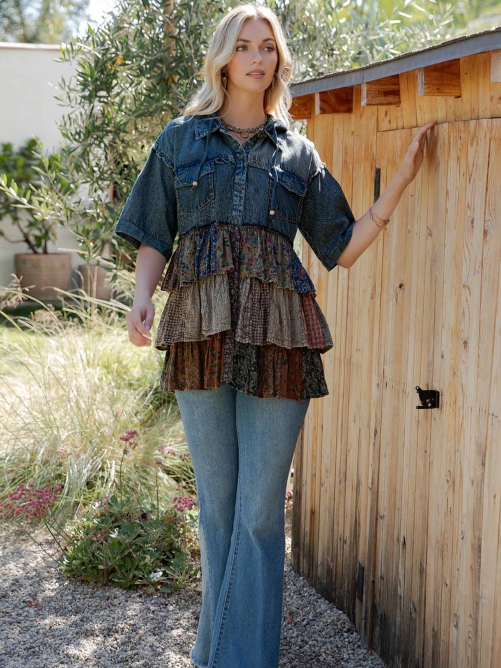 Young Threads Denim Tiered Ruffle Jean Hooded Shacket Sz S